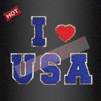 Chenille Patch with Glitter I Love USA  Iron Ons